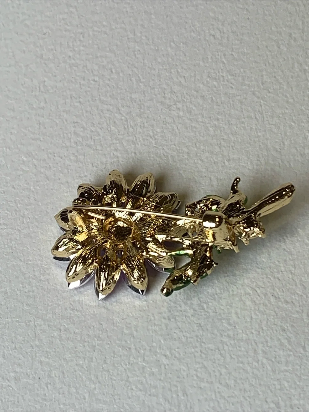 Rhinestone Flower Brooch Purple Amethyst Gold Tone